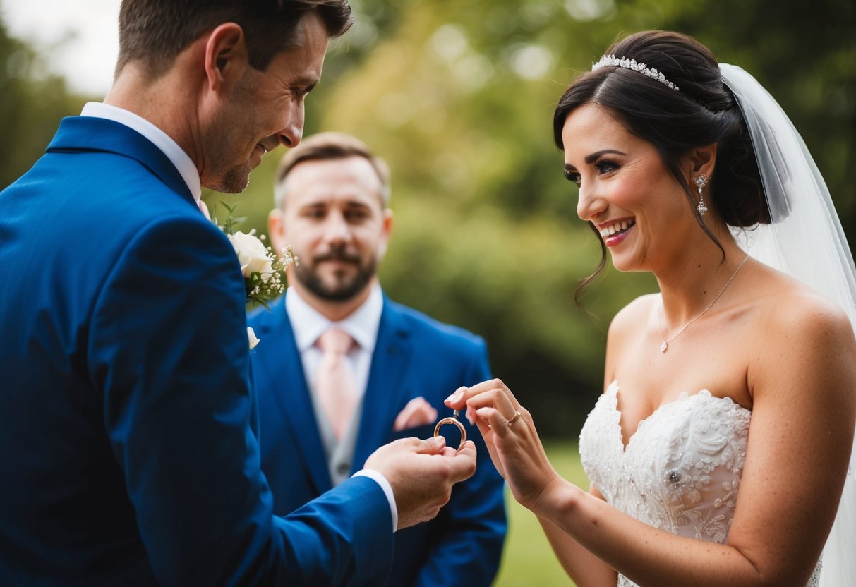 The ring bearer presenting the ring to the bride