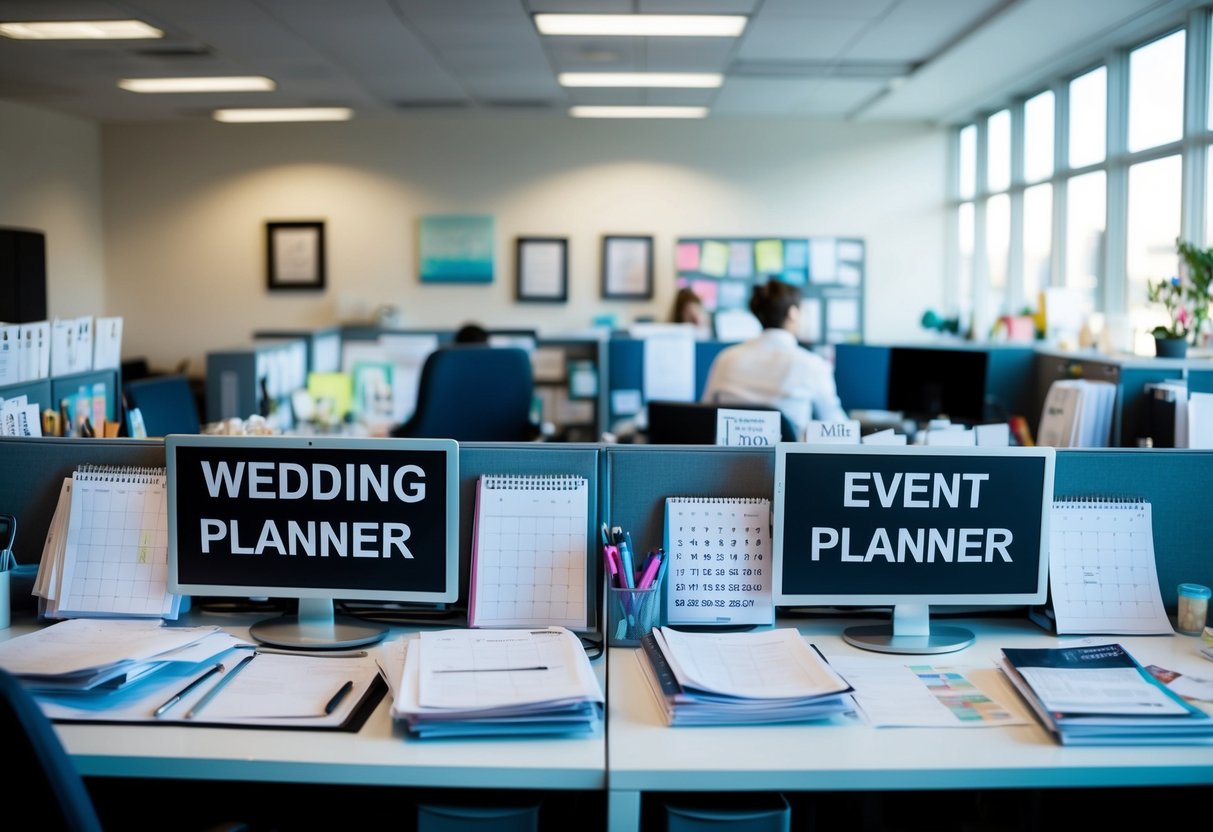 A busy office with two desks, one labeled "Wedding Planner" and the other "Event Planner." Each desk is cluttered with paperwork and calendars, with the wedding planner's desk featuring bridal magazines and swatches of fabric