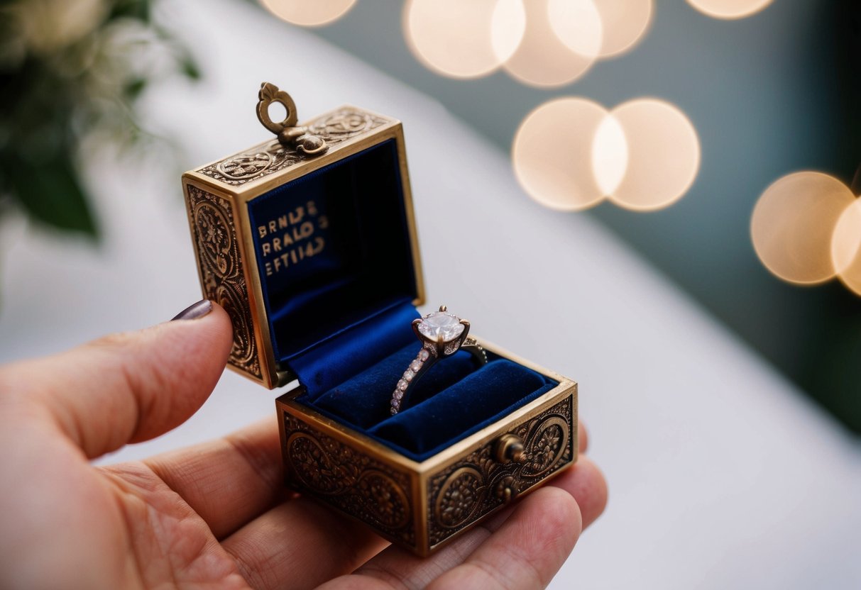 A small, ornate box is opened, revealing the bride's ring nestled inside, ready to be exchanged