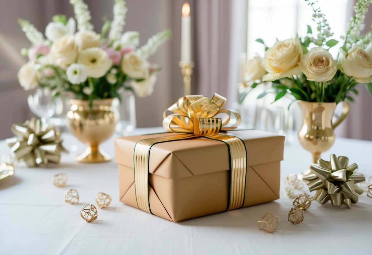 A beautifully wrapped gift sits on a table, surrounded by delicate flowers and elegant decor. The scene exudes anticipation and celebration