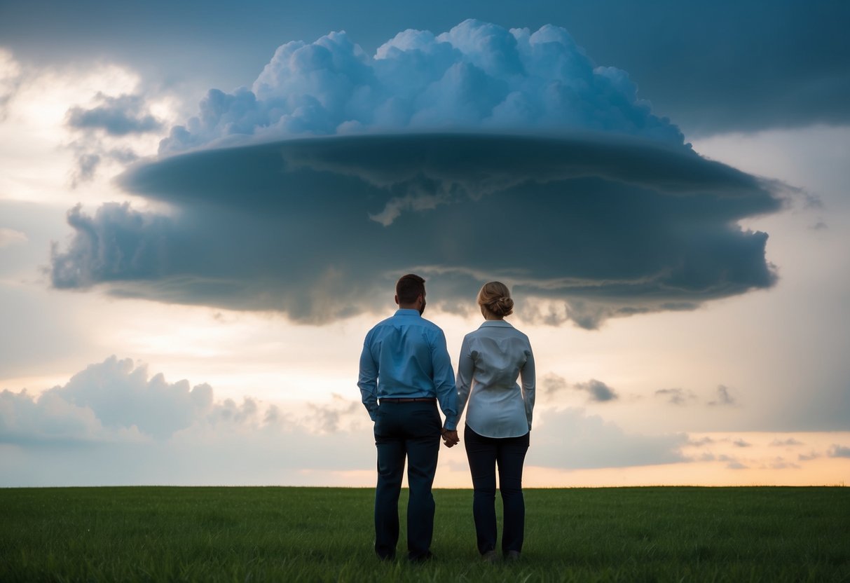 A couple standing back to back, each facing opposite directions with a storm cloud hovering above them, symbolizing the challenges of the hardest year of marriage