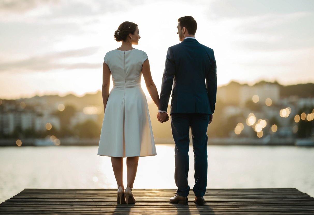 A couple standing back to back, each facing opposite directions, representing the challenges and difficulties of the hardest year of marriage