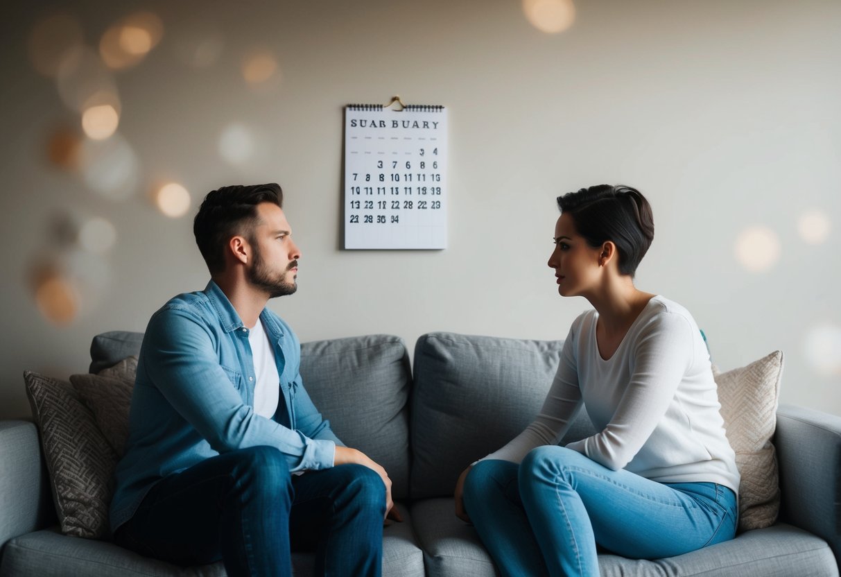 A couple sitting on opposite ends of a couch, looking away from each other with tense body language. A calendar on the wall shows the passing of time