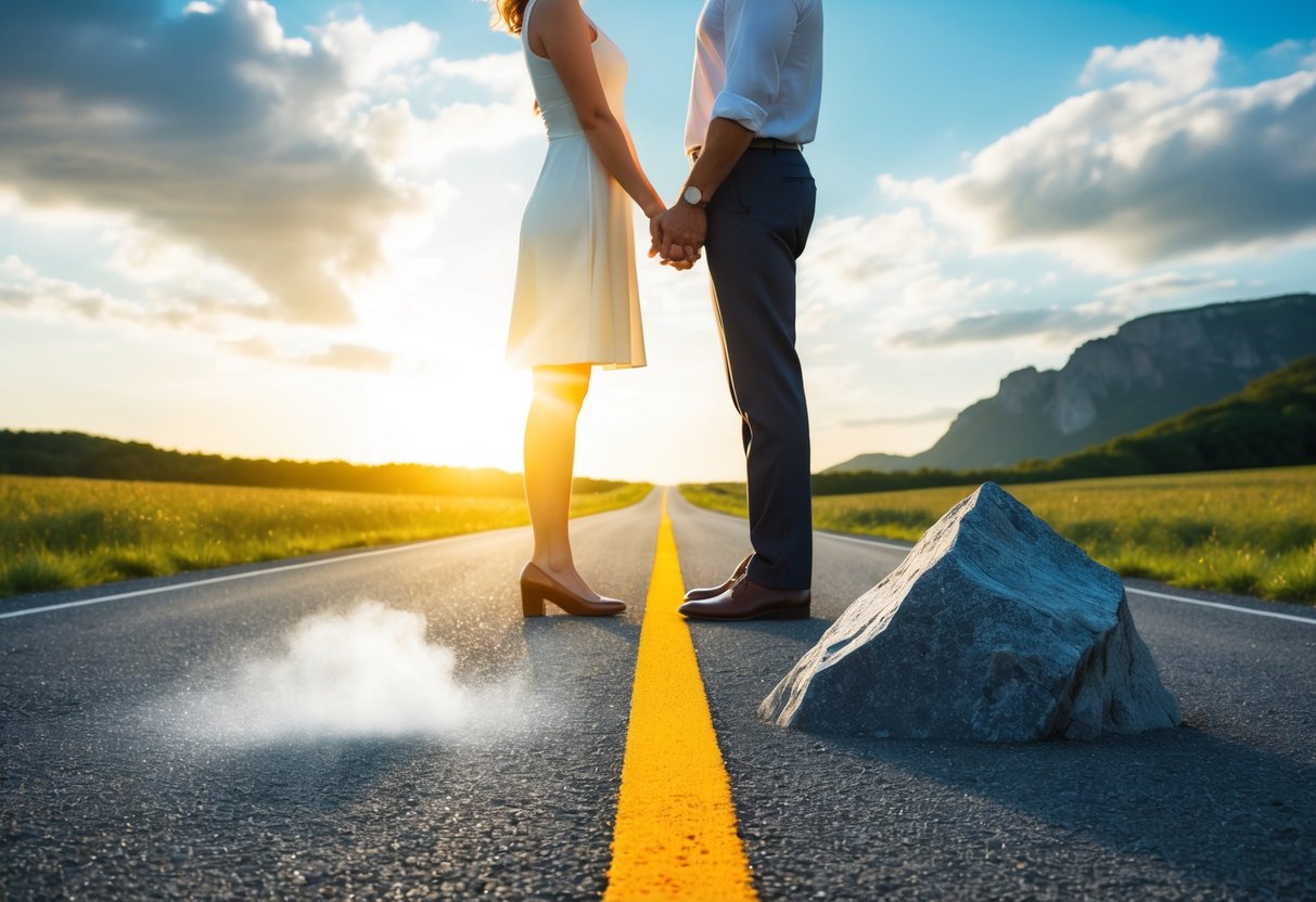 A couple standing at a fork in the road, one path smooth and sunny, the other rocky and stormy, symbolizing the challenges of navigating high-risk periods in marriage
