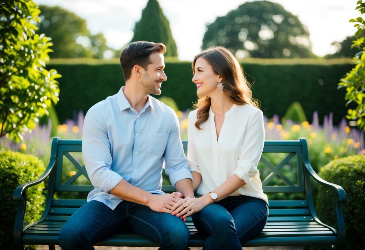 A couple sitting together on a bench, surrounded by a beautiful garden, holding hands and gazing into each other's eyes