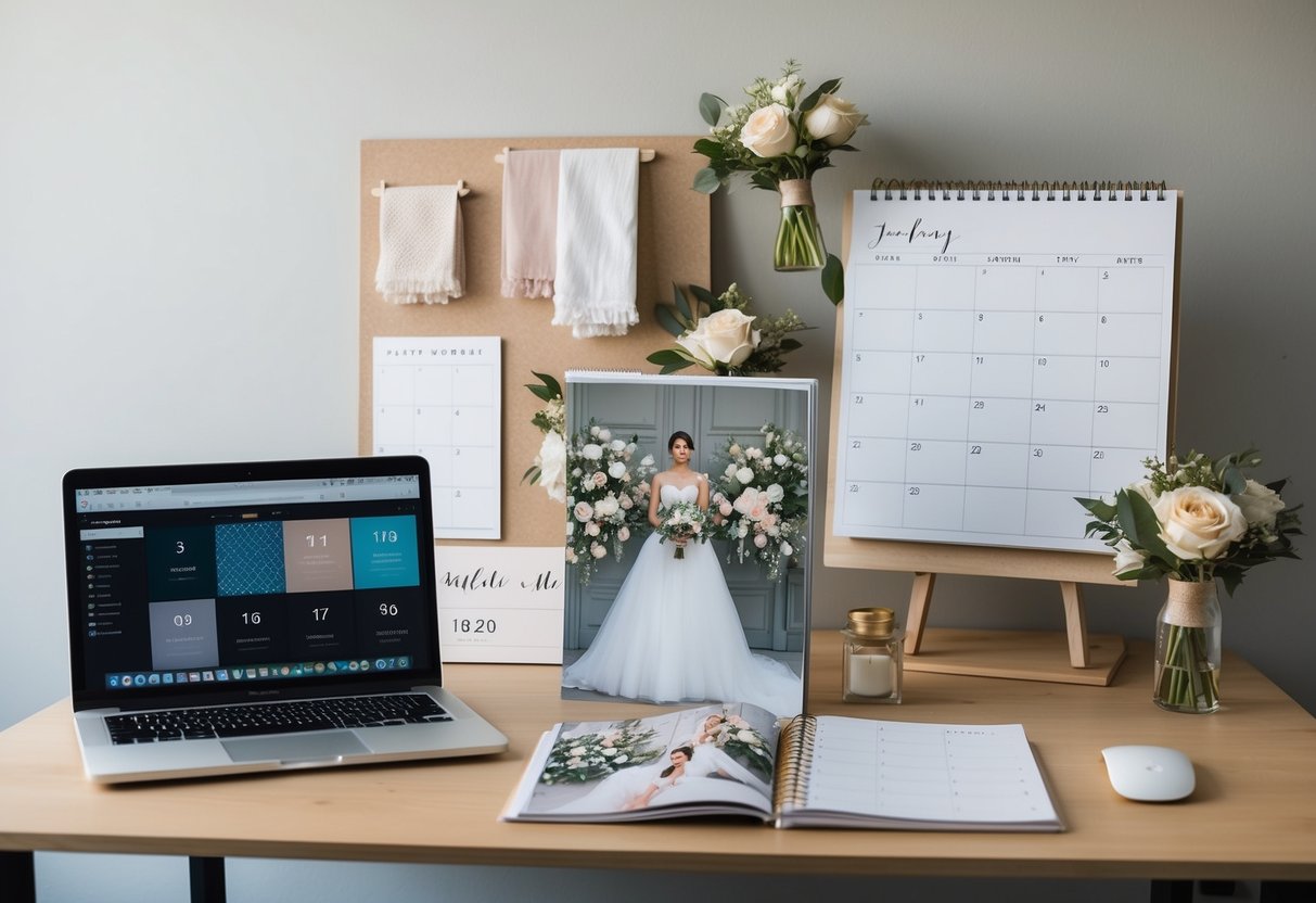 A desk with a laptop, planner, and wedding magazines. A mood board with fabric swatches and floral arrangements. A calendar with dates circled