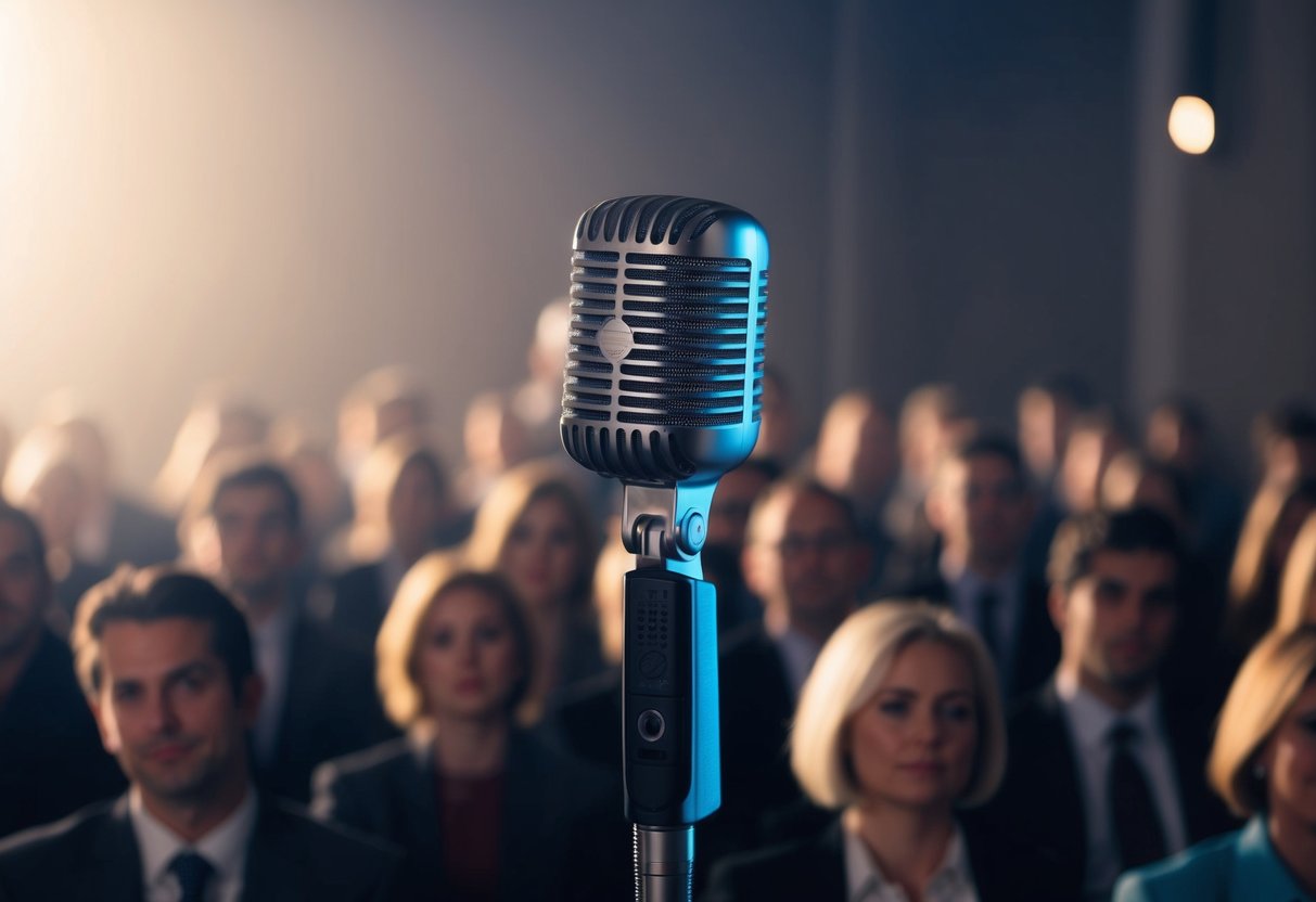 A microphone stands ready at the center of the stage, bathed in soft light. The room is filled with hushed anticipation as the first speaker approaches