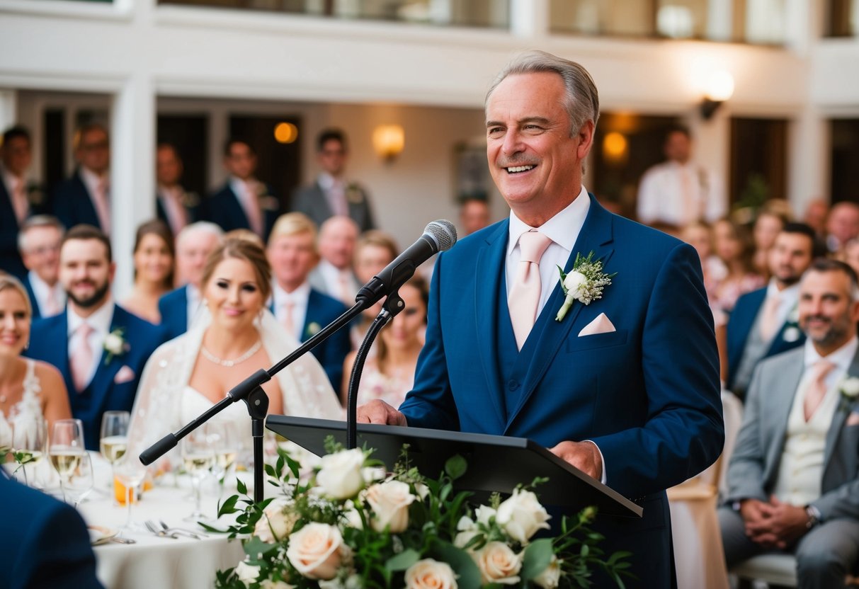 The bride's father opens the wedding speeches, standing at the podium with a warm smile, addressing the gathered guests with heartfelt words