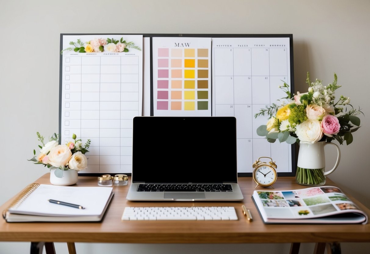 A desk with a laptop, planner, and wedding magazines. A mood board with color swatches and floral arrangements. A calendar with dates circled