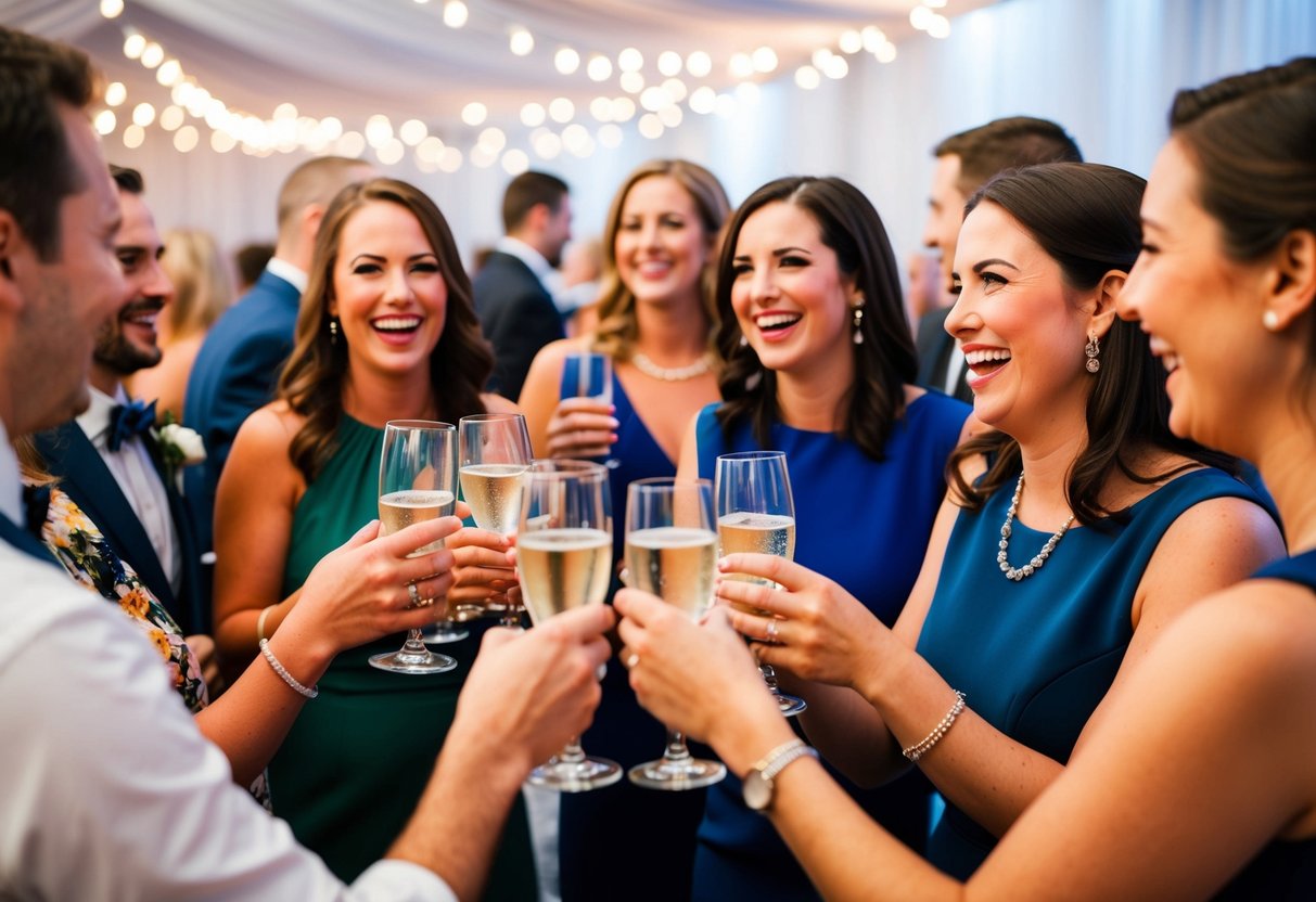 Guests mingle, clinking glasses and smiling. Laughter fills the air as they eagerly await the next part of the celebration