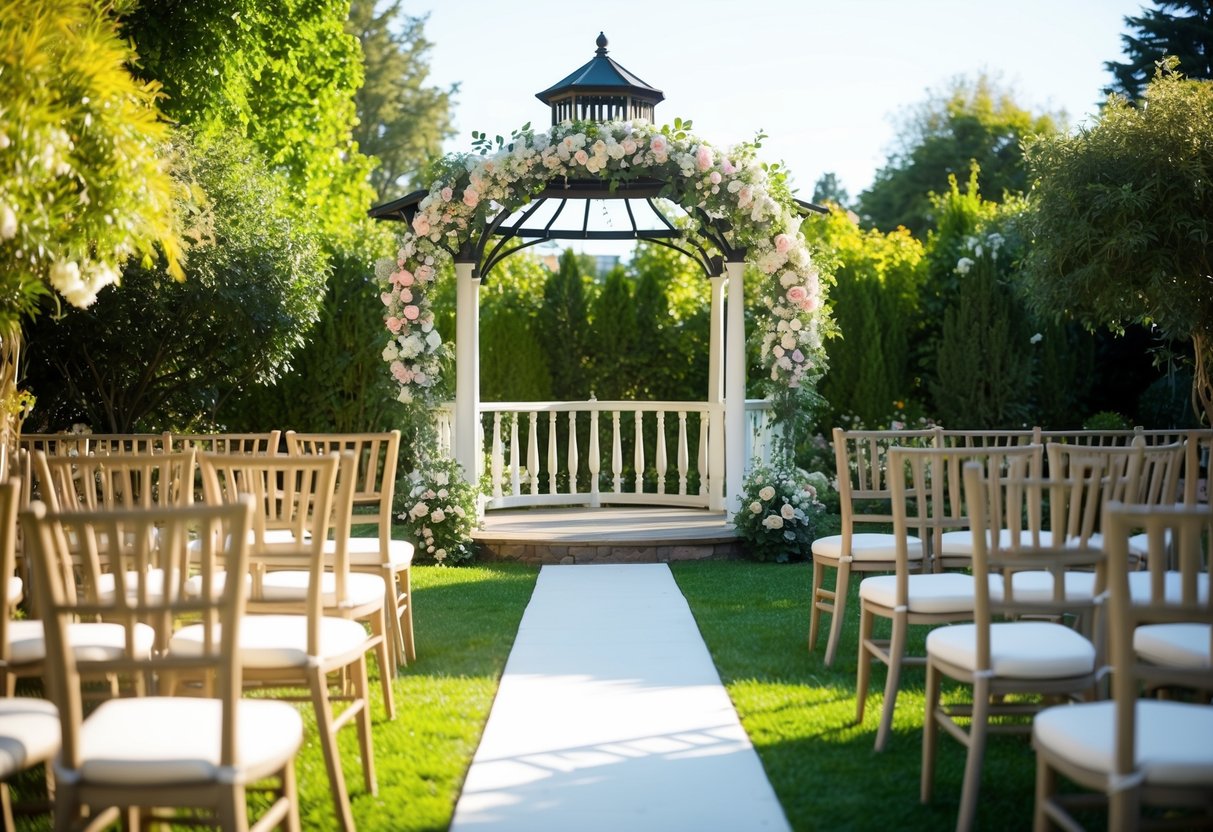 A sunlit garden with a blooming floral archway and a serene, empty gazebo set for a wedding ceremony at 3pm