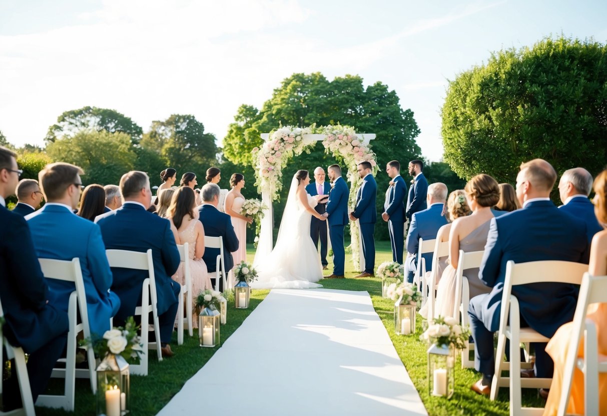 A sunlit outdoor wedding ceremony at 3pm, with guests seated and a floral arch at the altar