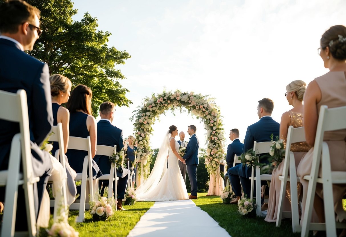 A sunlit outdoor wedding ceremony at 3pm, with guests seated and a floral archway as the focal point