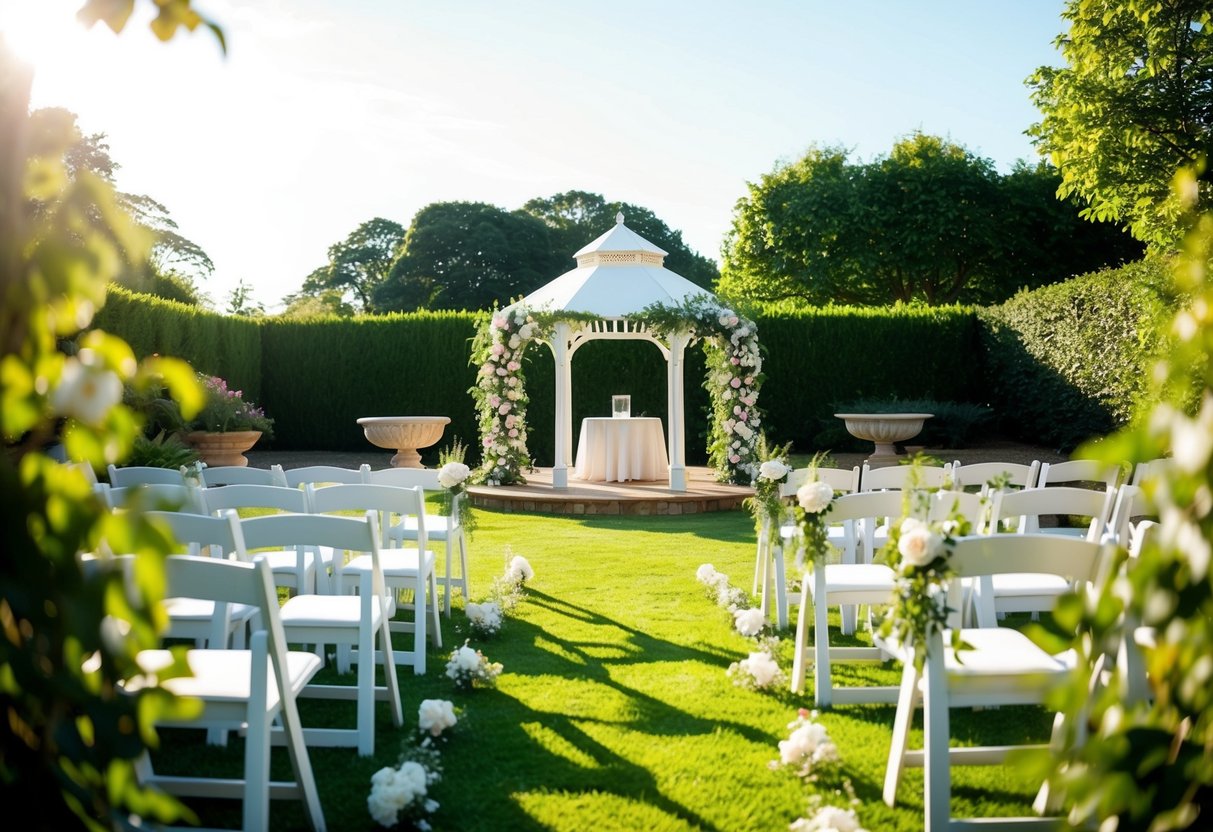 A sunlit garden with a floral arch, chairs, and a gazebo set up for a wedding ceremony at 3pm