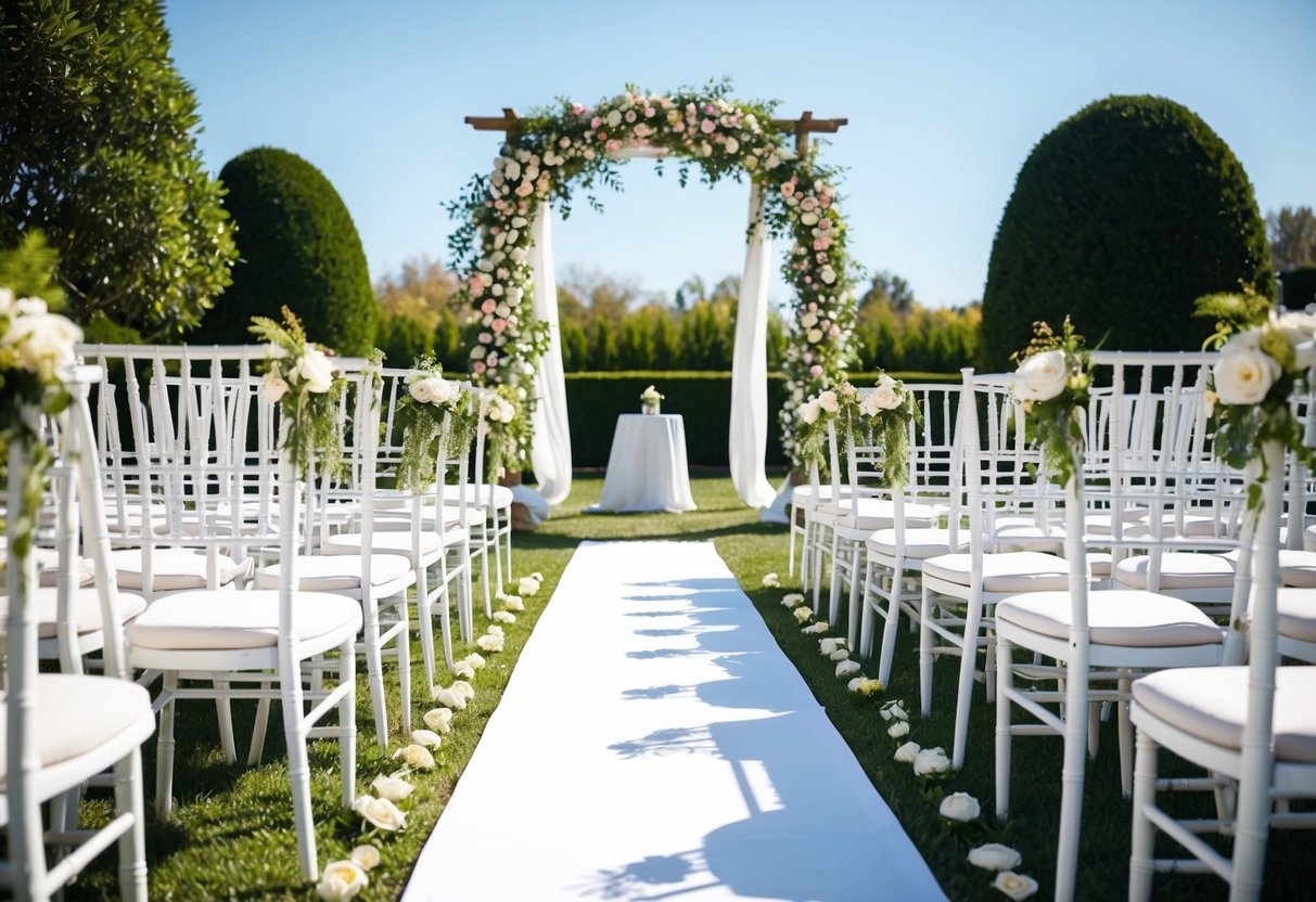 A sunny outdoor wedding ceremony with a floral arch, rows of chairs, and a white aisle leading to a central focal point