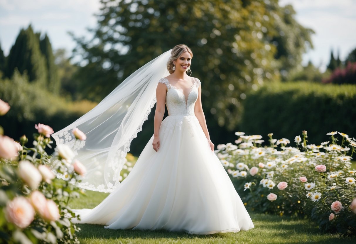 A bride in a flowing white gown surrounded by blooming roses and daisies, with a veil billowing in the breeze, symbolizing purity and new beginnings