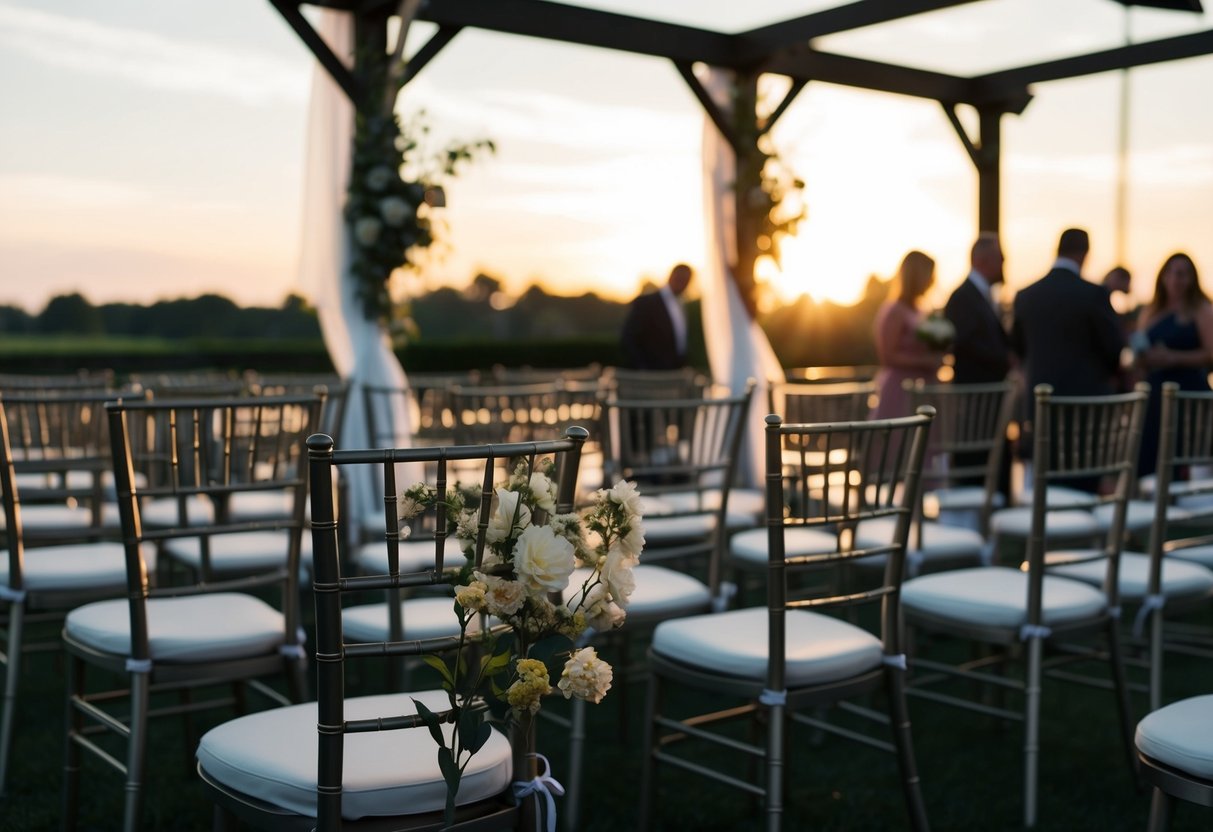 A dimly lit ceremony venue with empty chairs and wilting flowers, as the sun sets in the background