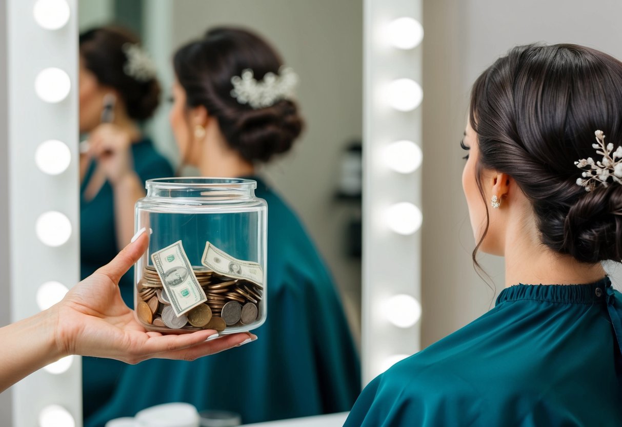 A hairstylist's hand holding out a tip jar, with various coins and bills inside, next to a mirror with a bridesmaid's hairstyle reflected in it