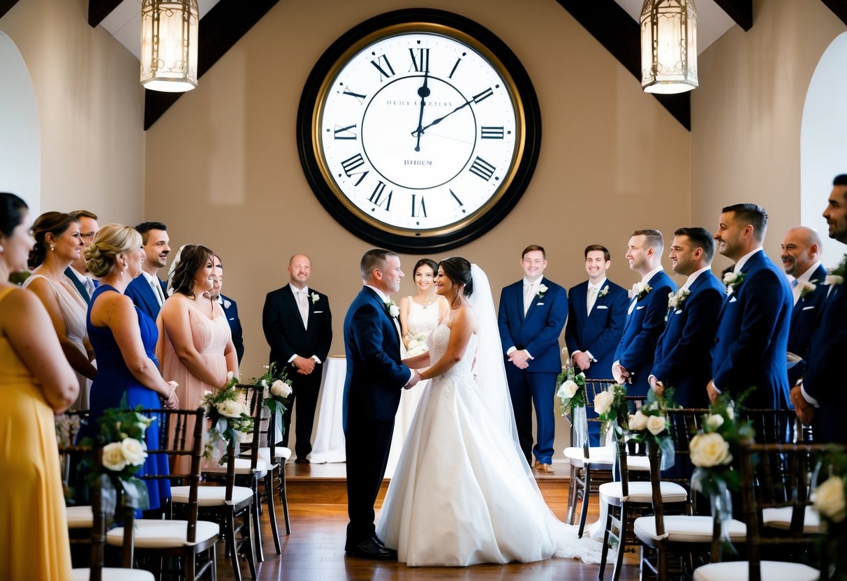 A clock striking midnight as a bride and groom stand at the altar, guests looking impatient