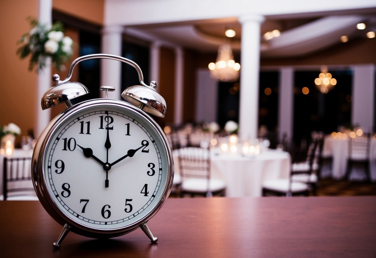 A clock showing 10:00 PM with a wedding venue in the background
