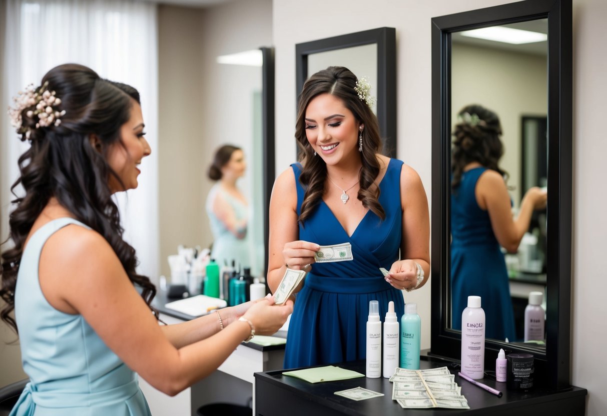 A bridesmaid placing money in a small envelope next to a hairstylist's station, with a mirror and hair products in the background