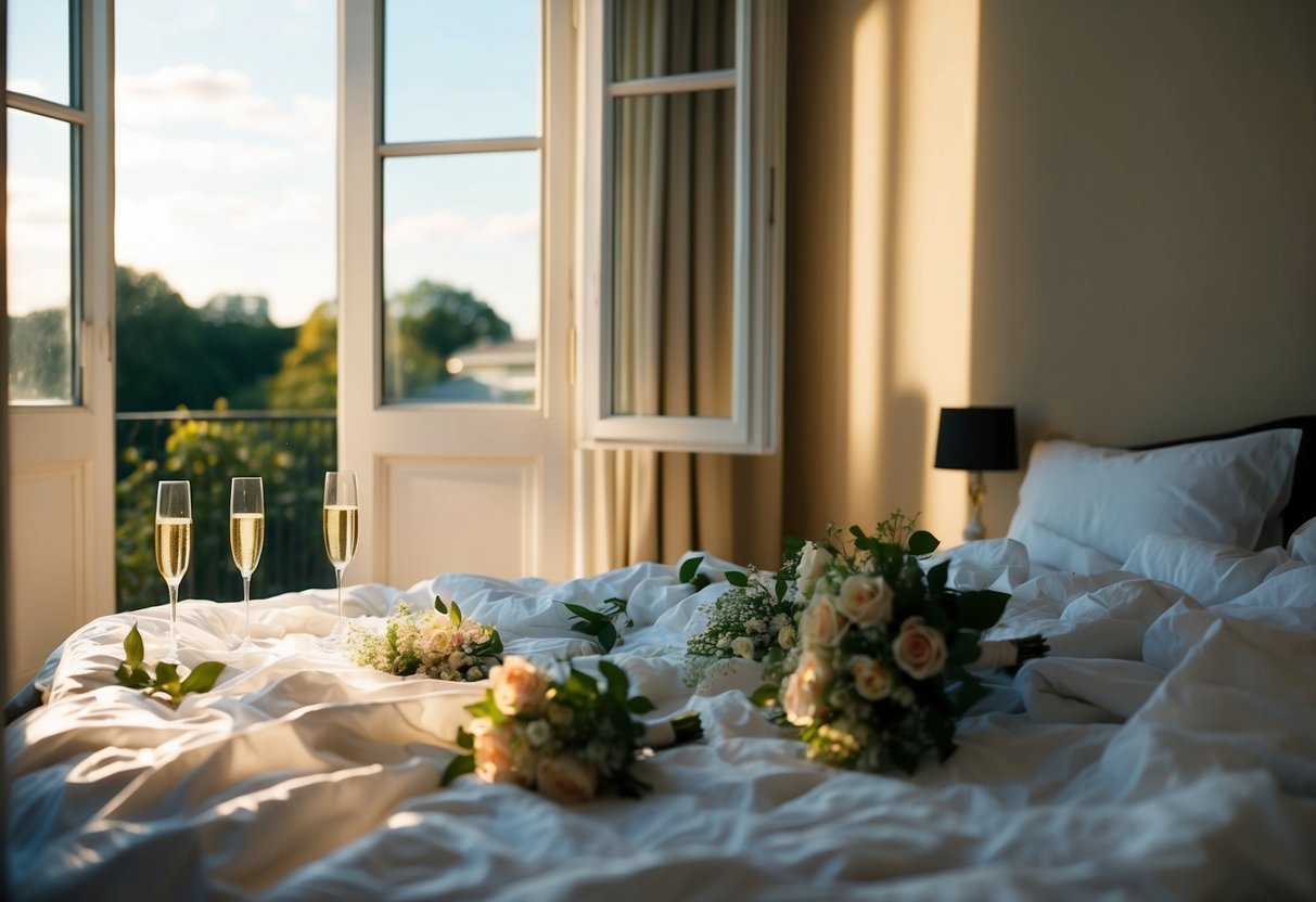 The morning after a wedding, sunlight streams through an open window onto a rumpled bed, scattered with flowers and empty champagne glasses