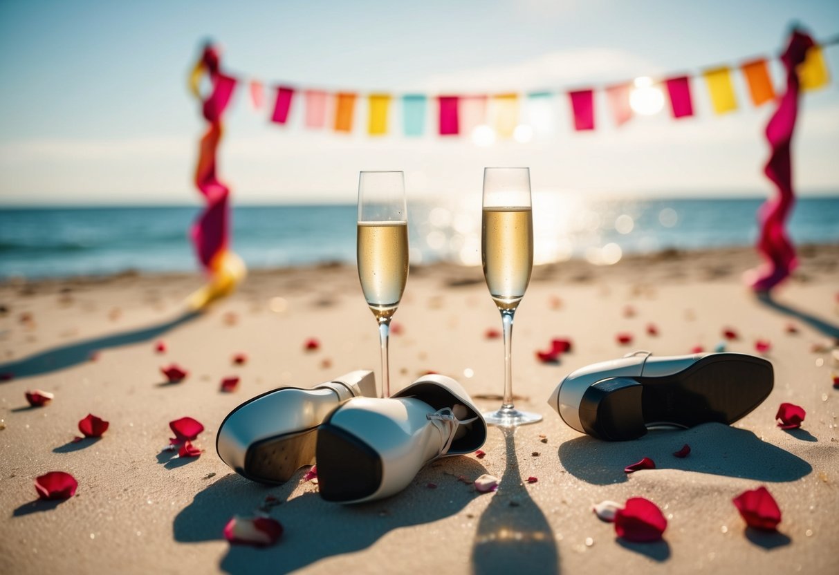 A sunny morning at a beach, with scattered rose petals and empty champagne glasses. A colorful banner flutters in the breeze, and a lone pair of wedding shoes sits abandoned in the sand