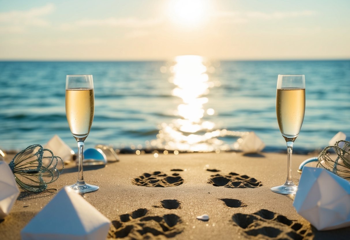 A sunny beach with a couple's footprints leading to the water, surrounded by scattered wedding decorations and empty champagne glasses