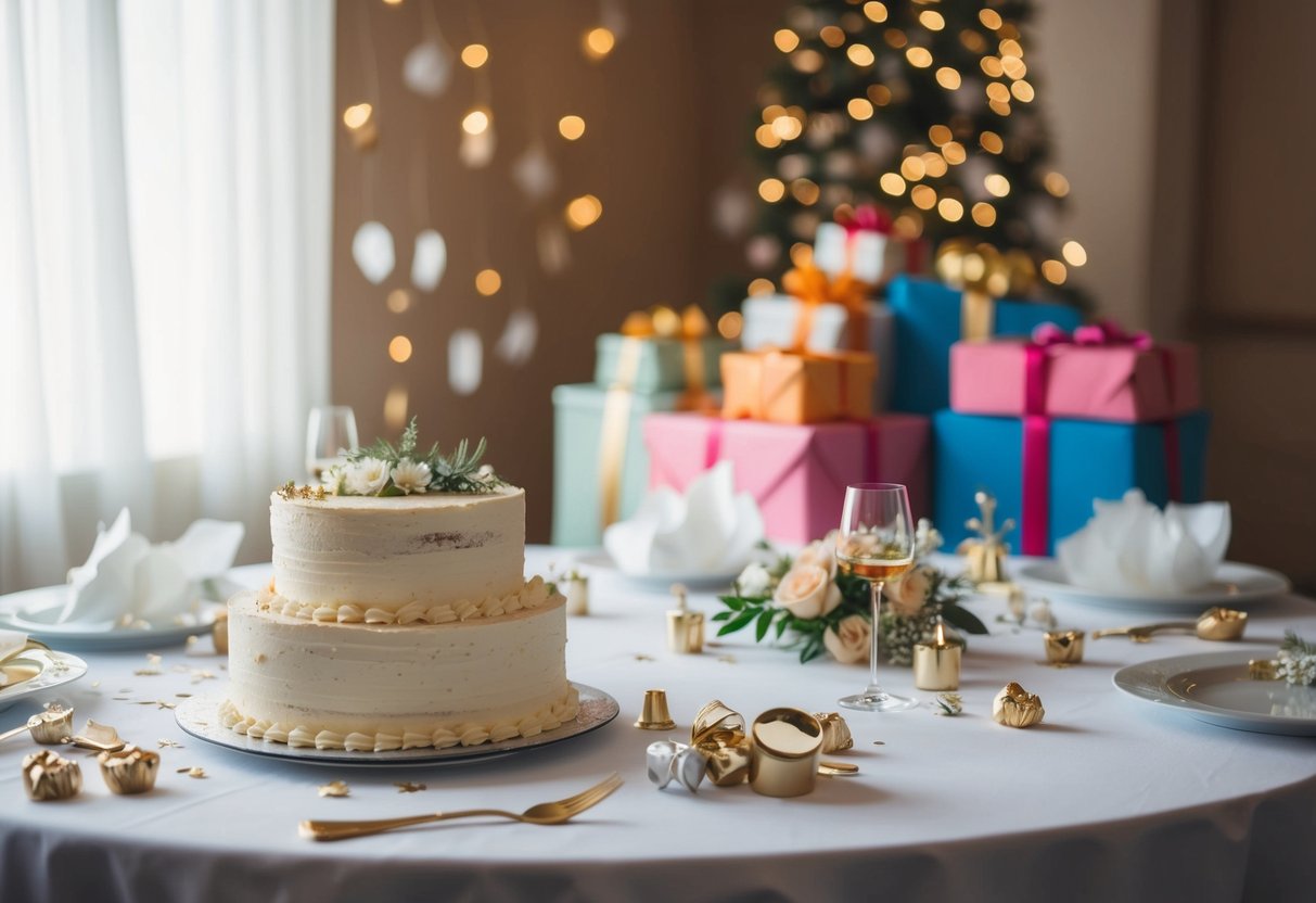 A table set with leftover wedding cake and scattered decorations, with a pile of unwrapped gifts in the background
