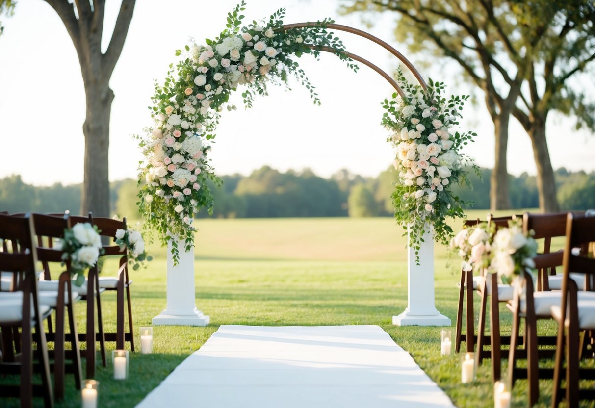 A serene outdoor setting with a decorative arch and floral arrangements, set up for a wedding ceremony