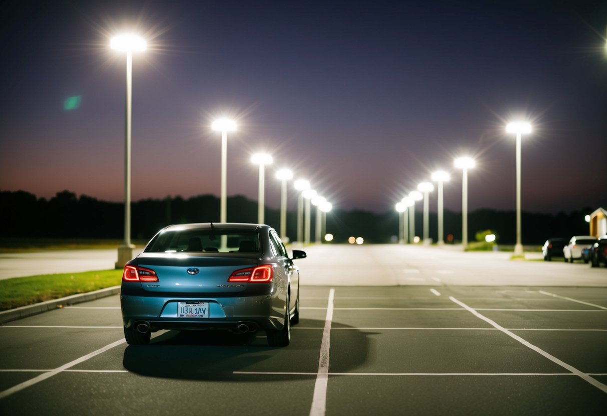 The last car pulls away from the reception, leaving the empty parking lot under the soft glow of the streetlights