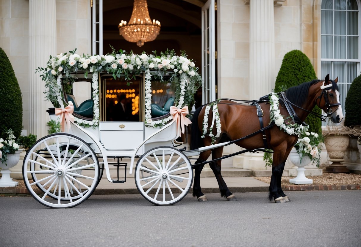 A decorated horse-drawn carriage waits at the entrance of a grand wedding venue, adorned with flowers and ribbons, ready for the newlyweds to make their grand exit