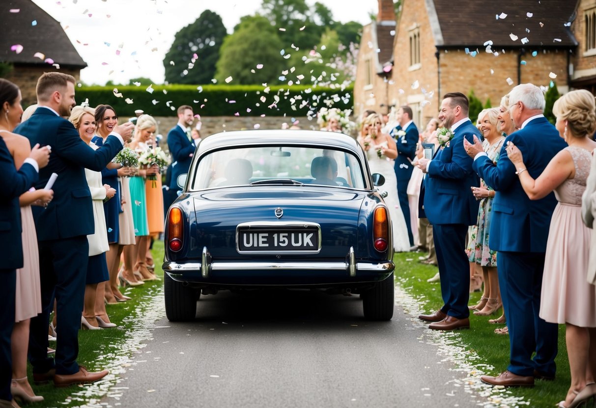 A car pulls away from the wedding venue, leaving behind a trail of confetti and well-wishing guests