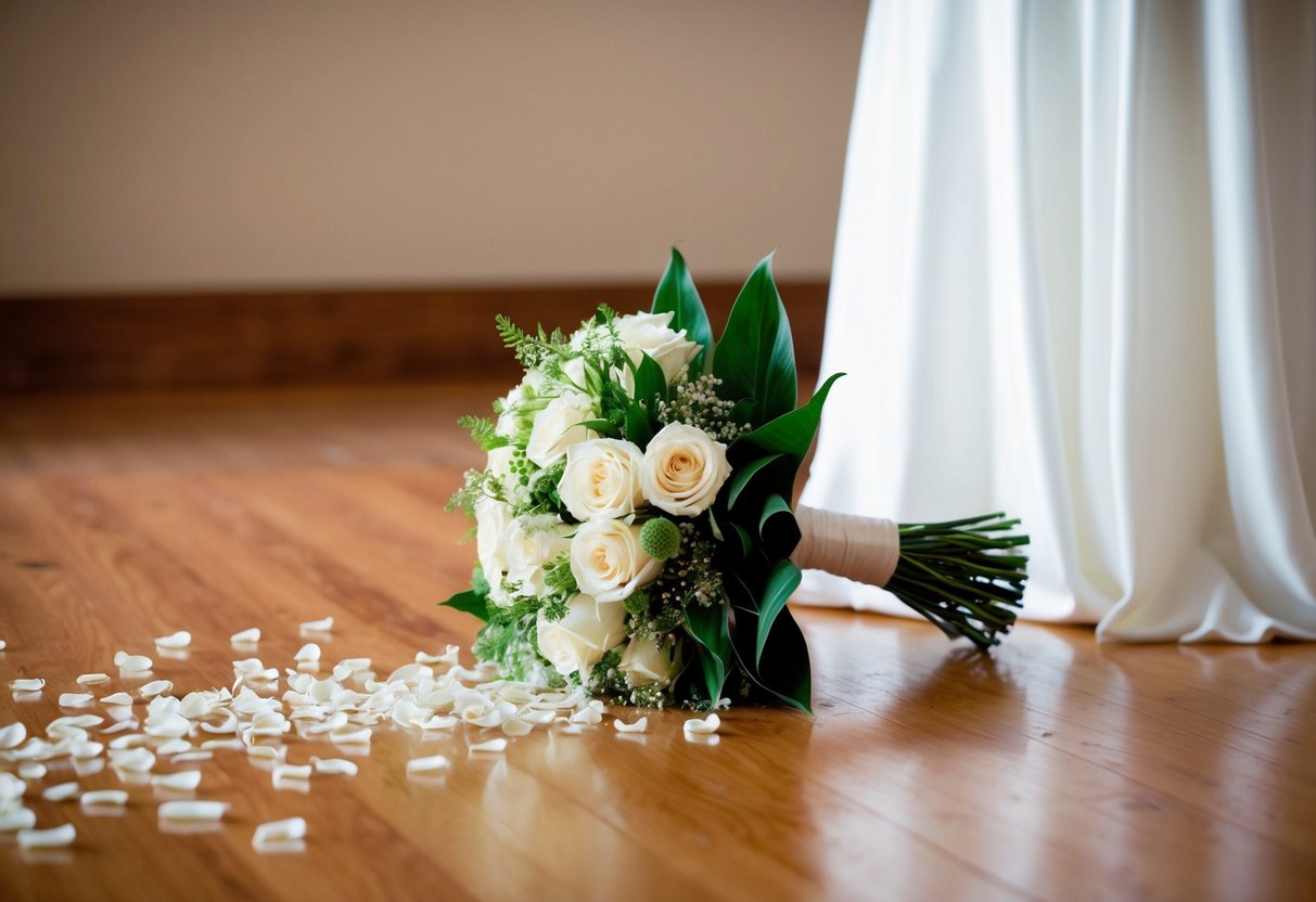 The bride's bouquet sits on a table, abandoned after the ceremony. Petals from the flower girl's basket trail across the floor