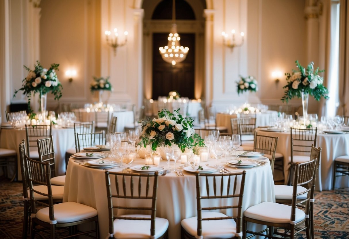 A grand banquet hall with elegant tables set for a wedding feast, adorned with floral centerpieces and sparkling table settings