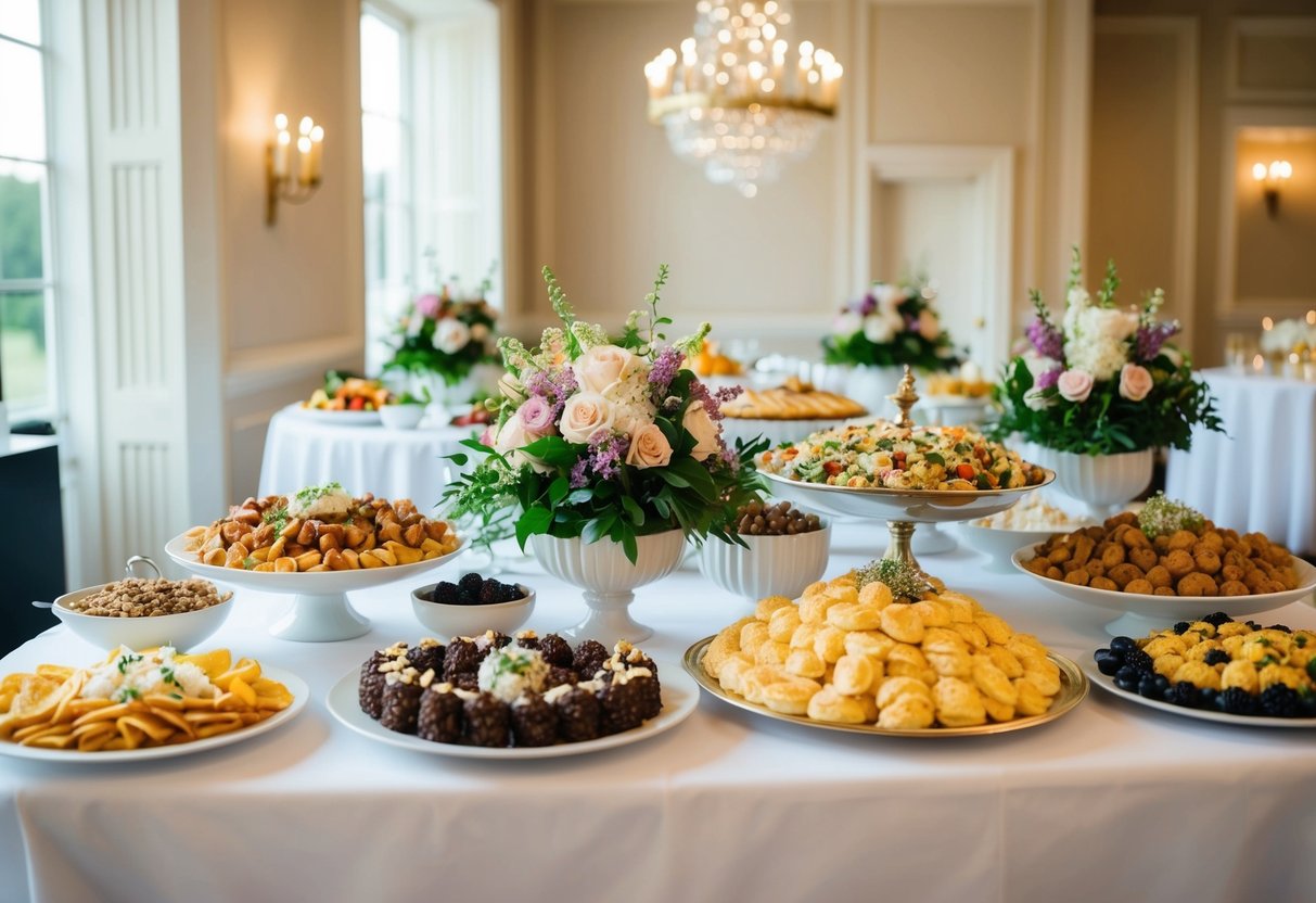 A beautifully decorated buffet table with a variety of food options, elegant tableware, and floral centerpieces