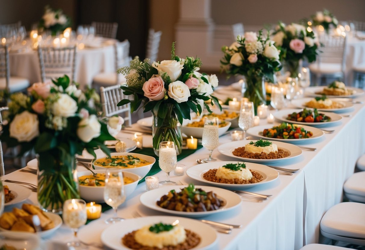 A beautifully set banquet table with elegant place settings, adorned with floral centerpieces and an array of delectable dishes for a wedding buffet