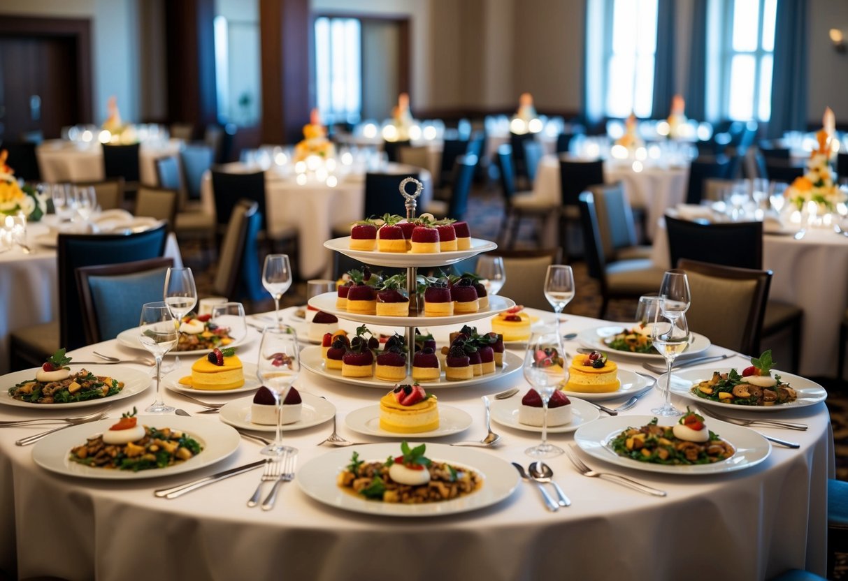 A banquet hall with elegant table settings, a variety of gourmet dishes, and a display of exquisite desserts