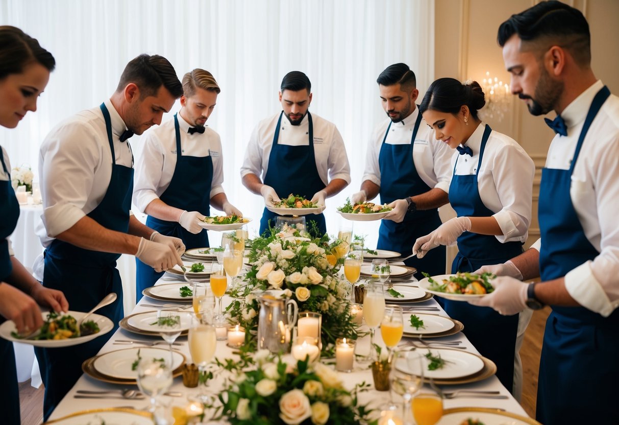 A team of caterers prepares and arranges a variety of elegant dishes and beverages on a beautifully decorated table for a wedding reception