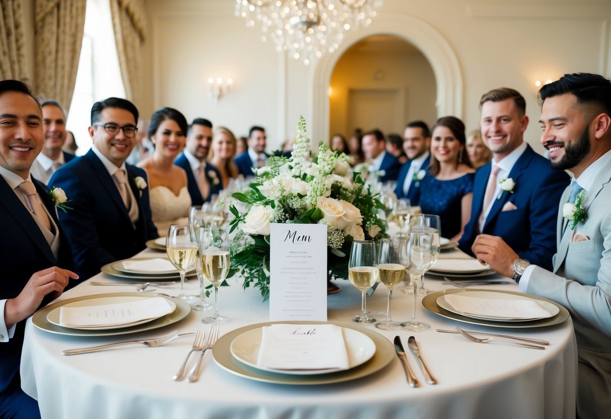 A table set with elegant place settings and a menu card, surrounded by happy wedding guests enjoying a delicious meal