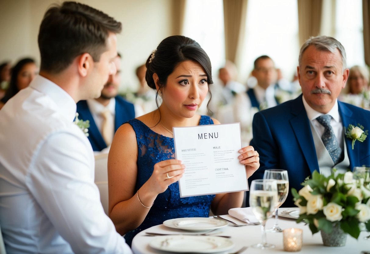 A wedding guest holding a menu, looking puzzled while trying to figure out if they have to pay for their meal