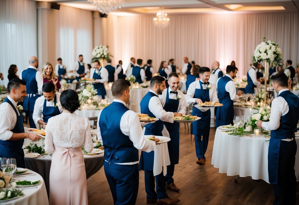 A bustling wedding reception with caterers setting up tables, arranging place settings, and serving food to guests