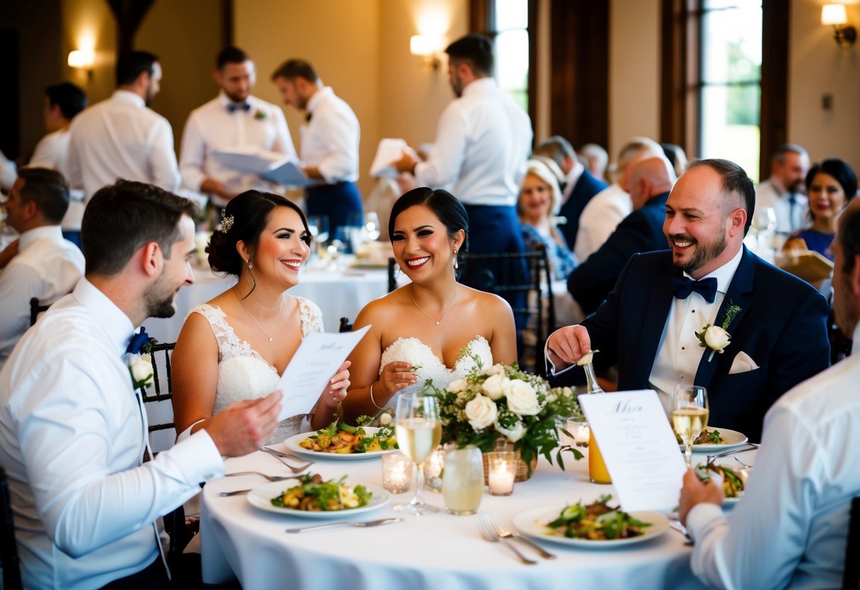 Wedding guests seated at tables, enjoying a meal. Some are holding menus, while others chat and laugh. Servers are seen bringing out plates of food and pouring drinks
