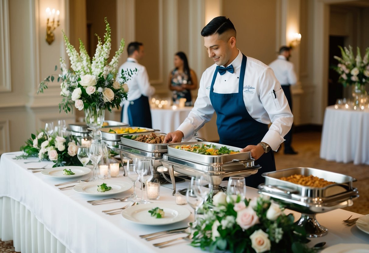 A wedding caterer sets up a buffet table with elegant dishes, floral centerpieces, and sparkling glassware, creating a sophisticated and inviting atmosphere for guests