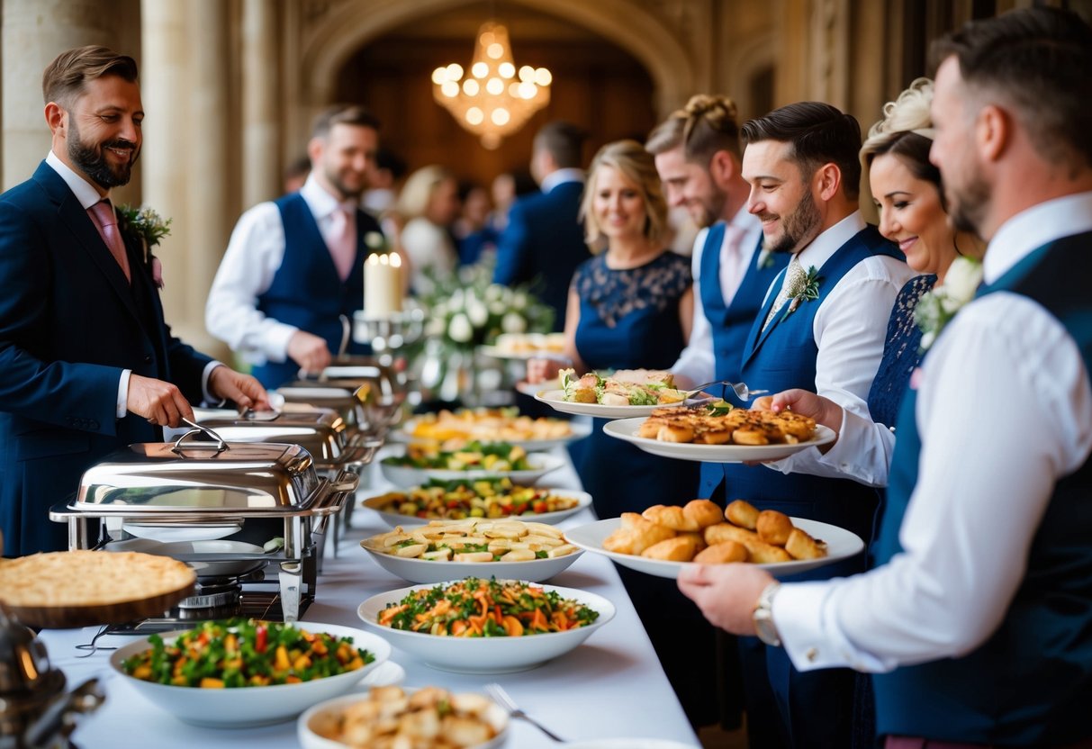 Vendors enjoy a buffet of British cuisine at a wedding in the UK