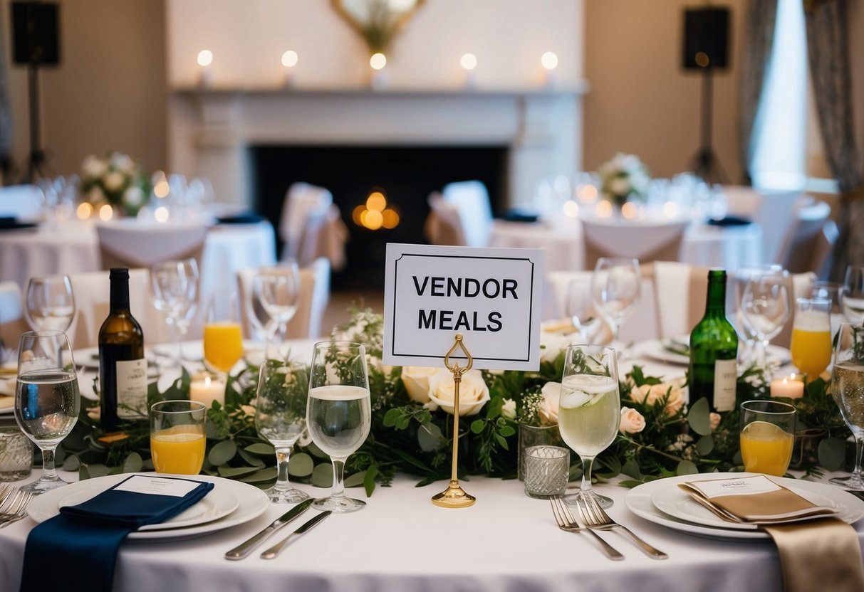 A table set with a variety of dishes and drinks, with a sign indicating "Vendor Meals" at a UK wedding reception