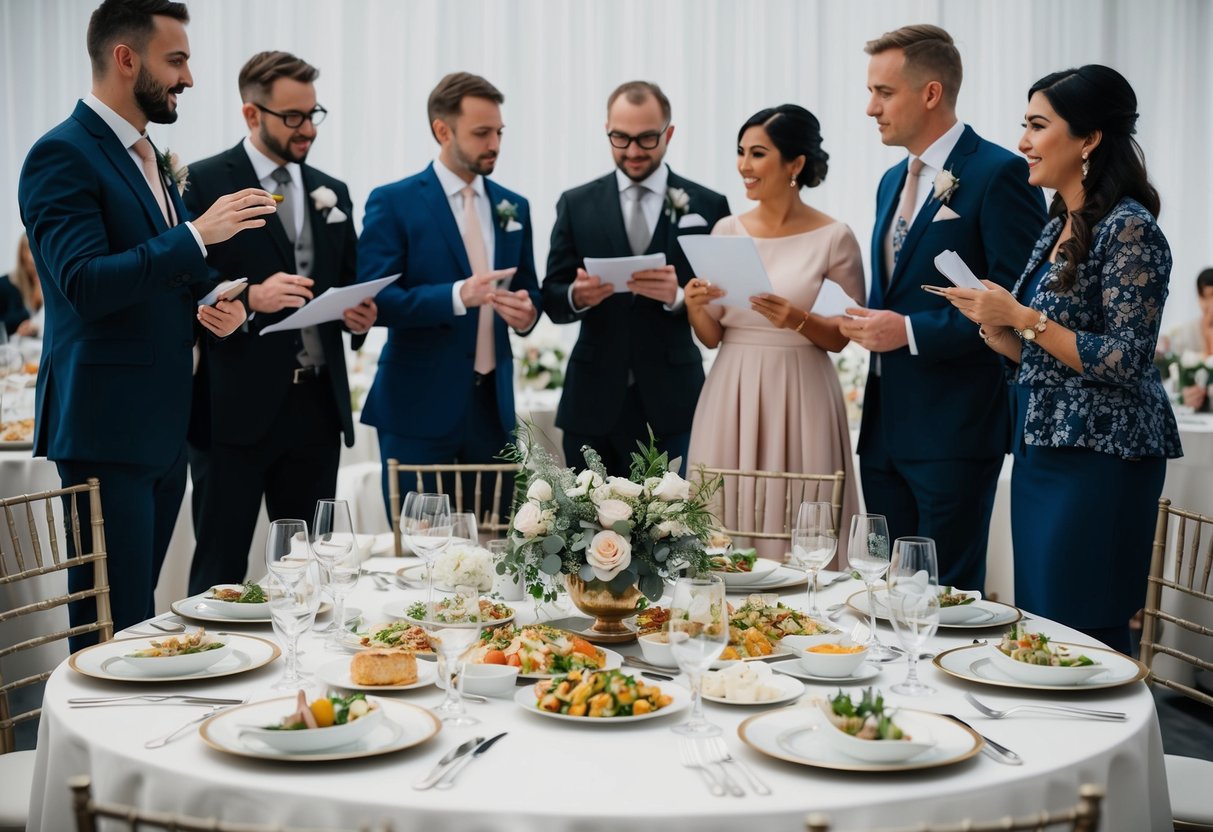 A table set with elegant place settings and a variety of food dishes, surrounded by vendors and wedding planners in discussion
