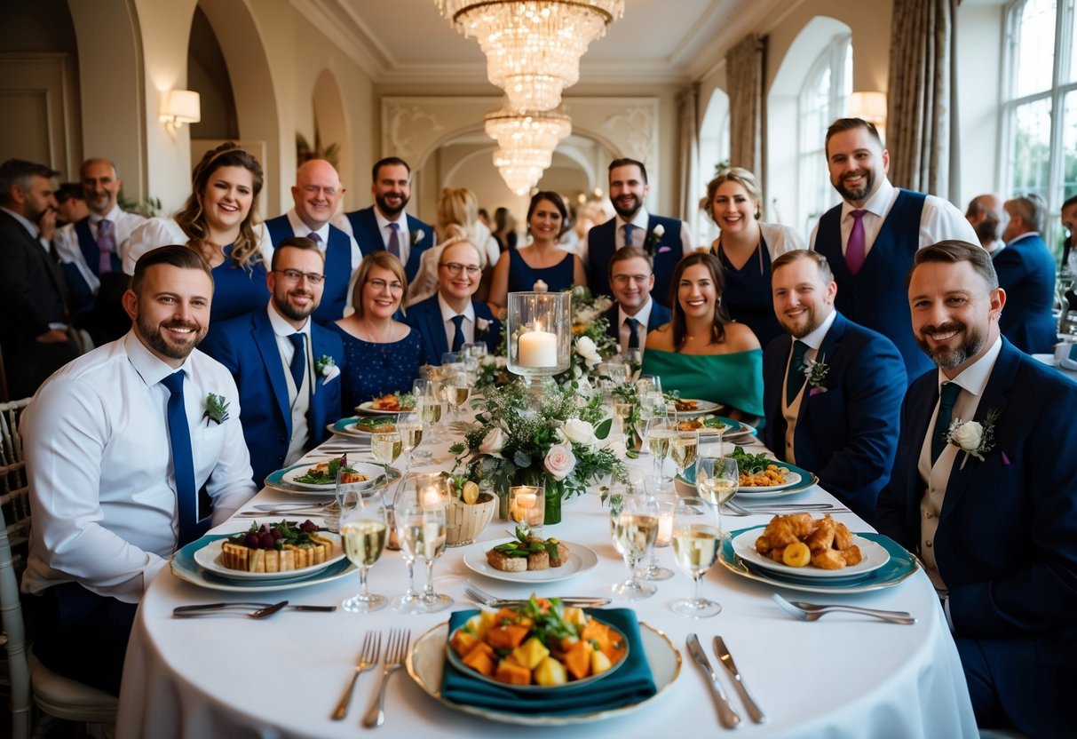 A table set with elegant place settings and a variety of delicious dishes, surrounded by happy vendors at a wedding in the UK
