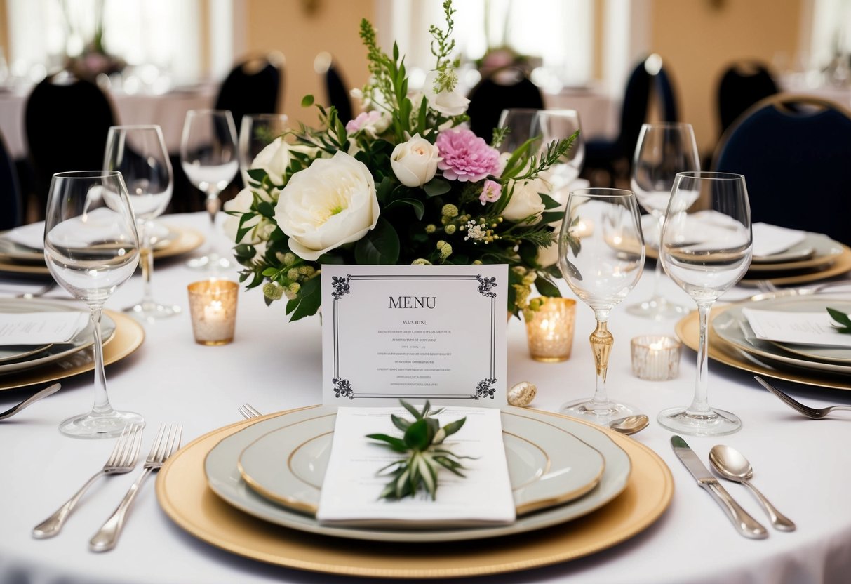 A table set with elegant dinnerware, glassware, and floral centerpieces. A menu card placed at each setting, with a formal and decorative design