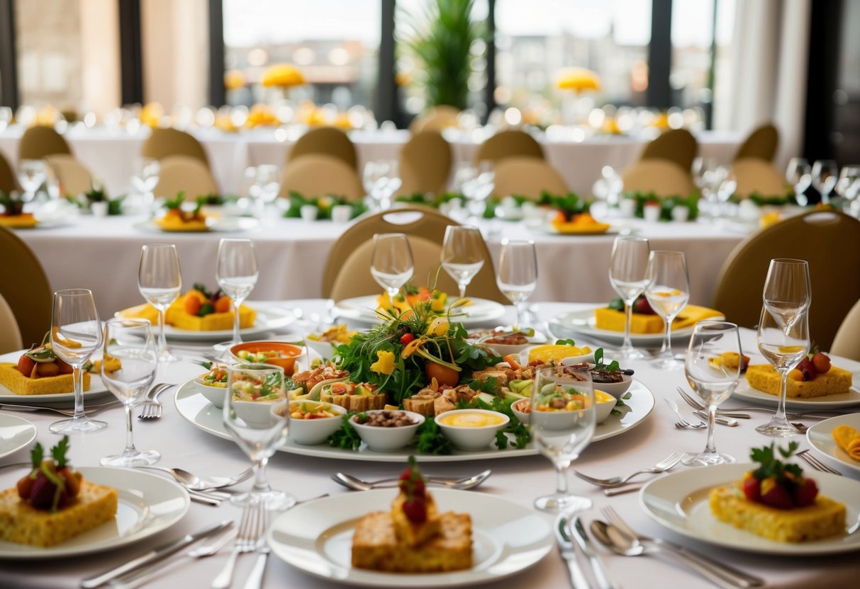 A table set with elegant place settings and a variety of dishes, including appetizers, main courses, and desserts, arranged in a visually appealing manner